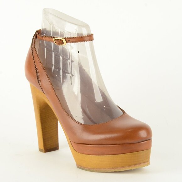 CHLOE SHOES TAN LEATHER ANKLE STRAP WOODEN PLATFORM PUMPS sz 40.5 10.5 - Picture 2 of 8
